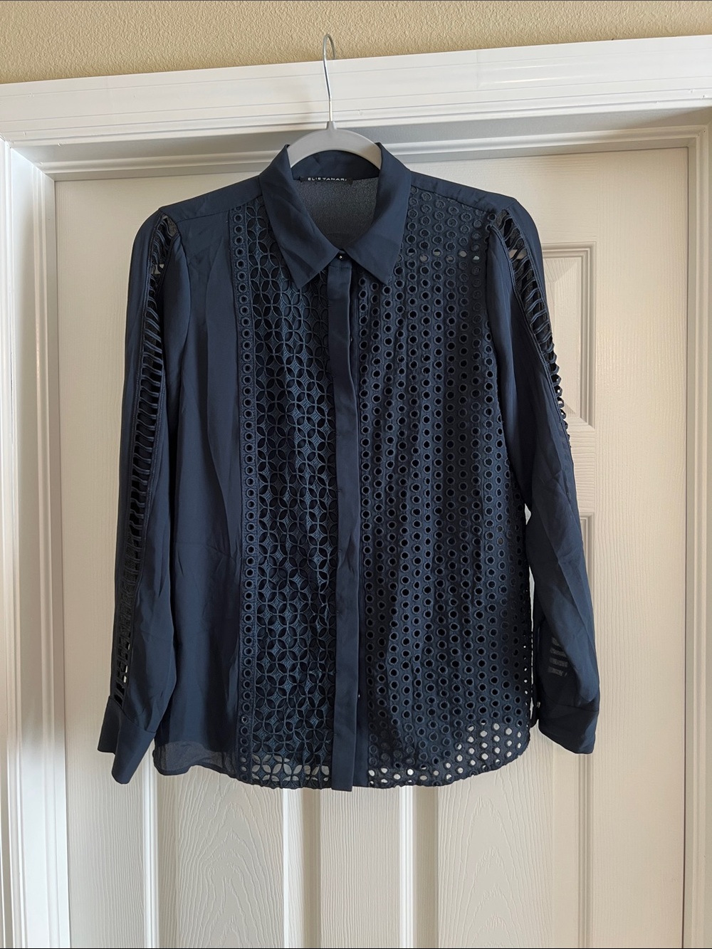 Elie Tahari Navy Eyelet-Panel Button Down Shirt